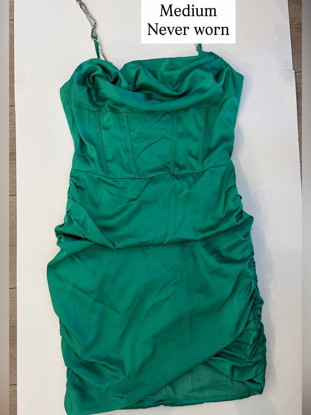 Emerald Green Satin Ruched Cowl Neck Dress